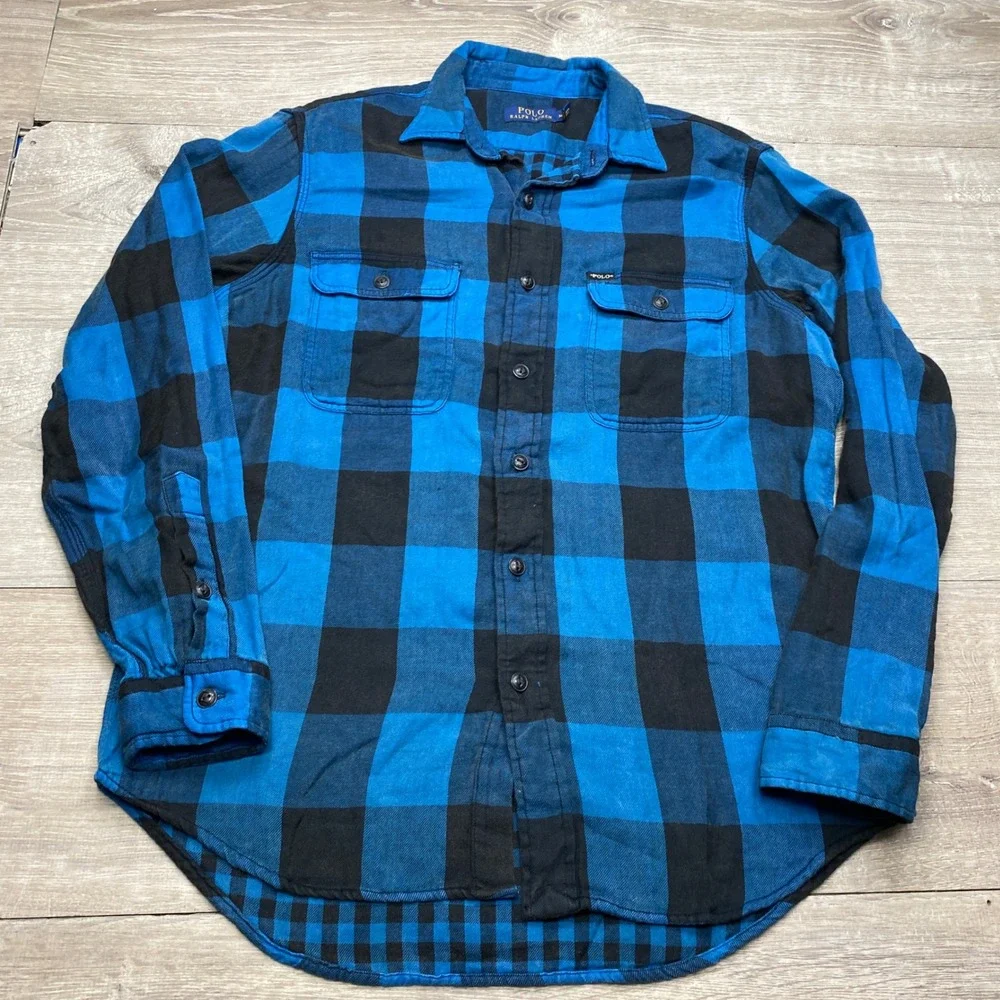 Polo Ralph Lauren Flannel Shirt Mens Medium Blue Black Buffalo Plaid Casual